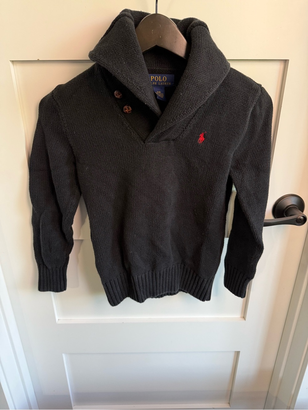 Polo by Ralph Lauren Black Shawl-Collar Knit Sweater with Red Pony